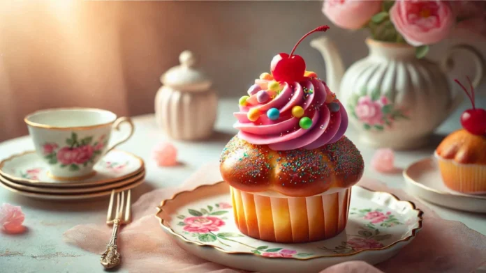 Brioche cupcake enfeitado com um confeite de chantilly e uma cereja com cabo, dentro de um prato pequeno detalhado com desenho de flores. Uma mesa com louças sofisticadas