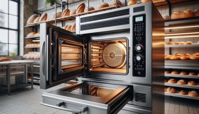 Um forno de padaria. O forno metálico está aberto mostrando a parte interna, abaixo uma fornalha com fogo aceso. Na lateral uma caixa com pequenas toras de lenha. Tudo isso num cenários de padaria, com algumas prateleiras e mesa com pães.