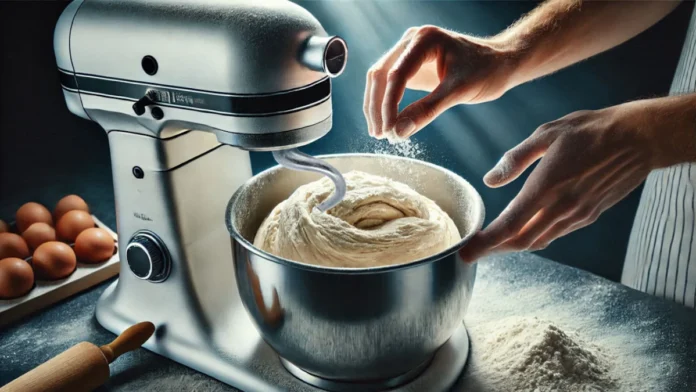 Uma batedeira elétrica de metal batendo uma massa de pão. Sobre a mesa, uma cartela com nove ovos, um punhado de farinha e um rolo de massa. Na frente da batedeira, duas mãos masculinas adicionando reforçador de farinha, um pó branco que deixa o pão mais macio.