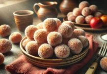 Bolinho de Chuva Prato de porcelana cheio de bolinhos de chuva. O prato está sobre uma mesa com jarros de barro e alguns bolinhos de chuva caídos ao acaso.