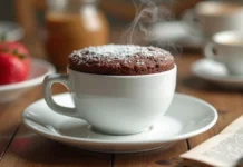 Bolo de Chocolate na Caneca Uma xícara de porcelana branca com um bolo de chocolate saindo vapor quente e coberto com açúcar. A xícara está sobre uma mesa de madeira com uma jarra, alguns morangos e outras xícaras desfocadas ao fundo.