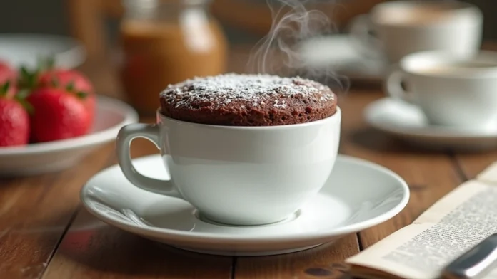 Uma xícara de porcelana branca com um bolo de chocolate saindo vapor quente e coberto com açúcar. A xícara está sobre uma mesa de madeira com uma jarra, alguns morangos e outras xícaras desfocadas ao fundo.