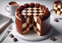 Bolo Xadrez bolo xadrez redondo dentro de um prato branco. A cobertura do bolo é chocolate com enfeite que simula um tabuleiro de xadrez. O bolo está fatiado, e a massa também é xadrez. Sobre a mesa um prato menos com a fatia do bolo, uma caneca branca com achocolatado, um guardanapo, um garfo e quatro cubos de chocolate.