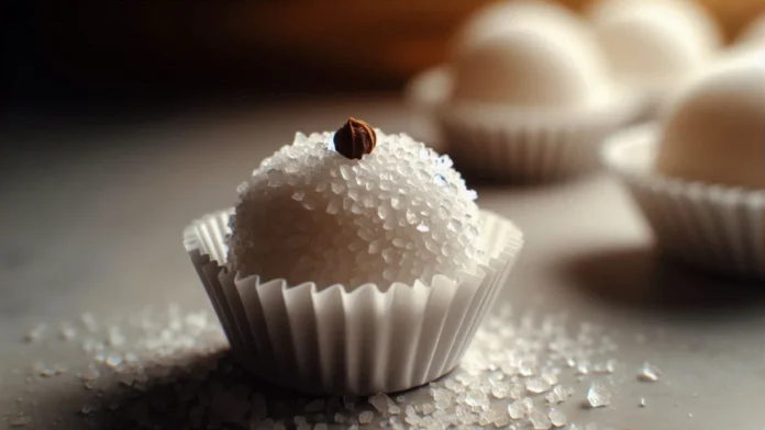 Um brigadeiro branco coberto de açúcar cristal sobre uma superfície lisa. Ao fundo outros três brigadeiros com a imagem descocada.