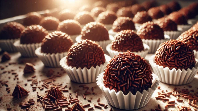 Vários brigadeiros de chocolate enfileirados em várias carreiras. O primeiro está em evidência coberto de chocolate granulado numa forminha de papel branca. Os demais vão ficando mais desfocados a media que ficam mais distantes.