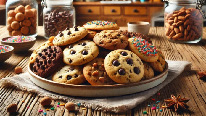 Um prato sobre um pano retangular envelhecido que está sobre uma mesa rústica de madeira toda trincada. O prato está cheio de cookies com gotas de chocolate, alguns com confeito colorido e outros com castanhas. Sobre a mesa, três vidros com conteúdo desfocado, duas tigelas de porcelana com confeitos coloridos e algumas castanhas diretamente sobre a mesa. No fundo a imagem desfocada de uma cozinha com algumas colheres penduradas na parede.