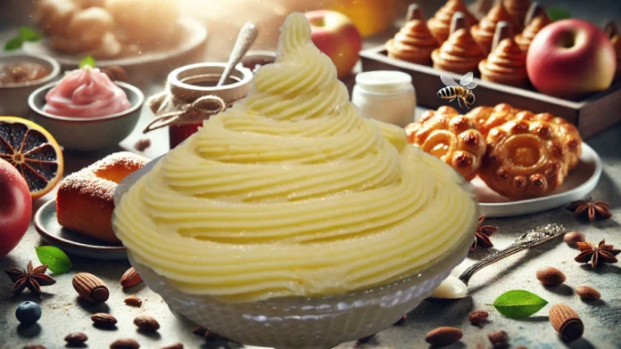 Uma tigela de vidro cheia de creme de confeiteiro amarelo aplicado com um bico de confeitar formando uma torre. No fundo tem diversos utensílios com outros cremes, bolinhos, frutas colheres, amendoins dentro da casca e uma abelha circuncidando o creme.