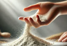 Farofa Doce Uma mão com um punhado de farofa doce branca, deixando escorrer por entre os dedos sobre uma superfície lisa. Sobre a superfície aparece parcialmente um rolo de massas de madeira, as pontas de ramos de trigo e ao fundo desfocado uma mão apoiada sobre a mesa.