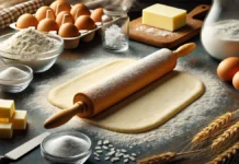 Massa Folhada Uma massa retangular amarelada sobre uma mesa rústica de mármore, pronta para se tornar numa massa folhada. Sobre a massa um colo de massas de madeira com farinha polvilhada sobre ele e a massa. Na mesa Uma cartela com nove ovos, uma tábua com um bloco de manteiga, alguns ramos de trigo, Três ovos fora da cartela ao lado de uma jarra transparente com farinha, uma faca cromada, um tecido xadrez, pequenos cubos de manteiga cortada, mais alguns utensílios de vidro com farinha, açúcar, sal e um quarto vidro com gelo em escamas.