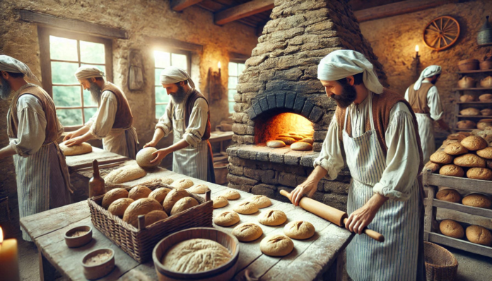 Uma padaria antiga que representa a produção de pães há bastante tempo. Homens vestidos com camisa branca, coletes escuros de um tecido grosso, aventais brancos com listras escuras e lenços cobrindo os cabelos. O ambiente é rústico, com uma mesa de madeira, prateleiras de madeira cheias de pães, um forno de tijolos e paredes de alvenaria sem reboco, aparentemente de barro.