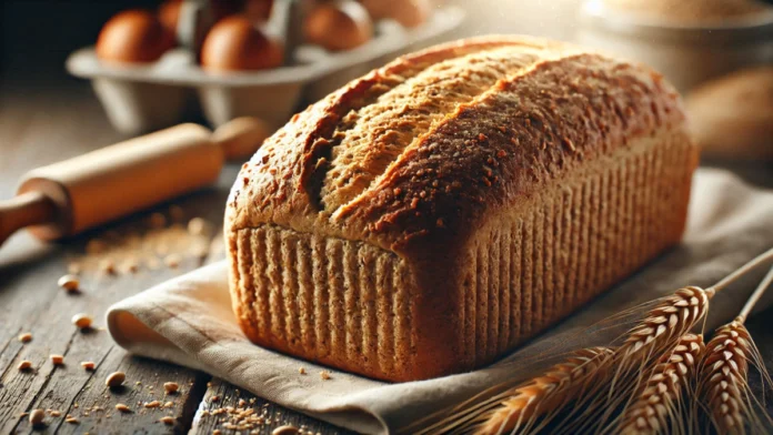 Uma mesa rústica de madeira com um tecido branco envelhecido retangular. Sobre o tecido um pão de aparência escura, como um pão integral. Um rolo de massa de madeira, uma cartela de ovos e uns ramos de trigo.