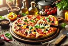 Massa de Pizza Uma tábua circular contendo uma pizza coberta com molho, fatias de calabresa, azeitonas verdes inteiras e em rodelas, fatias de azeitonas pretas, folha verde de manjericão e uma fatia sendo levantada, expondo o queijo derretido fazendo fios. Tudo isso sobre uma mesa de madeira rústica com objetos e legumes, como um pano escuro, uma carretilha de cortar pizza, uma pequena panela de alumínio, uma lata com um molho de manjericão, dois frascos com azeite, duas tigelas de porcelana com temperos, alguns tomates, pimentões, alho e pimenta vermelha in natura.