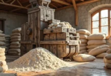 Tipos de Farinha de Trigo e Suas Aplicações: Guia Completo Um galpão rústico com um moinho de trigo antigo e vários sacos de farinha empilhados à sua volta. No chão uma pilha de farinha.