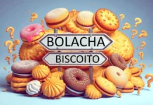 Bolacha ou Biscoito? Resposta definitiva! A imagem mostra uma pilha de bolachas doces e salgadas, cercada por pontos de interrogação. O fundo é azul claro. À frente das bolachas, há duas placas com setas apontando em direções opostas: uma com a palavra 'Bolacha' e a outra com 'Biscoito', representando o debate sobre o nome correto.