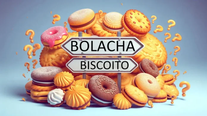 A imagem mostra uma pilha de bolachas doces e salgadas, cercada por pontos de interrogação. O fundo é azul claro. À frente das bolachas, há duas placas com setas apontando em direções opostas: uma com a palavra 'Bolacha' e a outra com 'Biscoito', representando o debate sobre o nome correto.