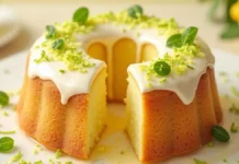 Bolo de Limão Bolo com furo central, coberto com leite condensado e raspas de limão.