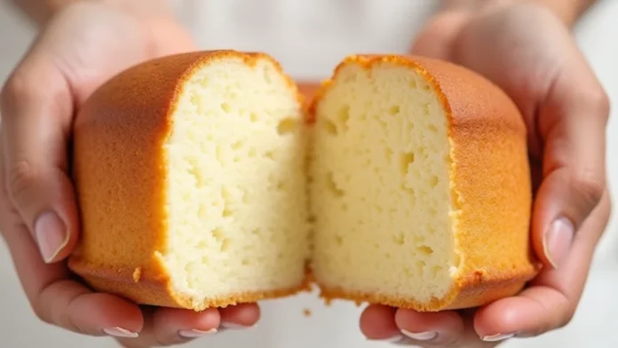 Buas mãos segurando duas metades de um bolo macio e levemente amarelo, com a superfície dourada.