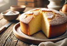 Bolo sem glúten – Receita Fácil e Deliciosa Bolo sem glúten recém-assado, dourado e fofo, polvilhado com açúcar de confeiteiro, com uma fatia cortada revelando sua textura leve e aerada, sobre uma mesa rústica de madeira.