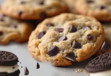 Biscoitos Oreo com Glacê de Baunilha Cukie's feitos com pedaçoes de biscoito oreo ao lado de biscoitos oreo inteiros.