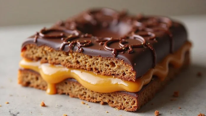 Pequeno biscoito retangular com massa de chocolate, recheio de doce de leite e cobertura de chocolate derretido.