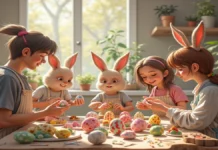 Curiosidades sobre a Origem do Chocolate e os Ovos de Páscoa Uma mesa cheia de ovos coloridos. À volta da mesa, crianças com máscaras de coelho e tiaras de orelhas de coelho pintam os ovos para a páscoa.
