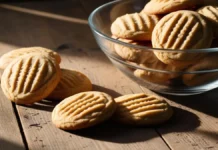 Sequilhos de Leite Condensado Uma tigela de vidro transparente com biscoitos redondos dentro. A tigela está, juntamente com alguns biscoitos caídos ao acaso, sobre uma bancada de tábuas rústicas.