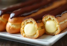 Delícia Caseira: Eclair, Bomba ou Carolina Recheada Bandeja retangular de porcelana branca com quatro bombas com cobertura de chocolate. Duas delas estão cortadas, revelando seus recheios de creme de baunilha.