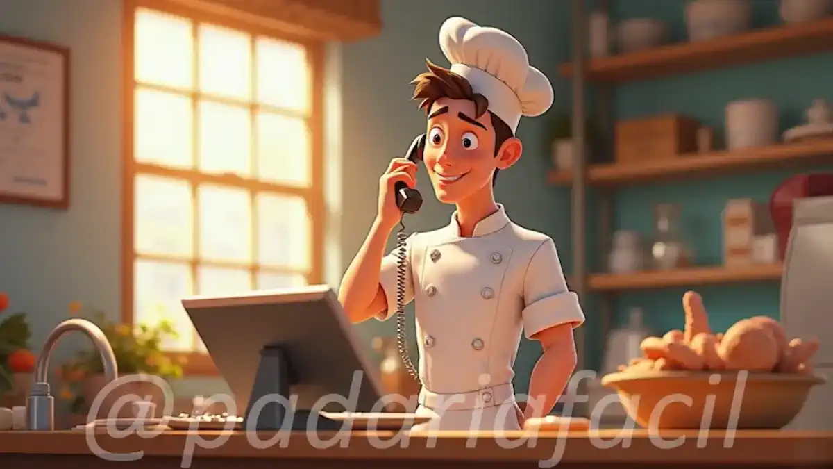 Ilustração de um atendente sorridente segurando um telefone fixo enquanto olha o monitor de um pc, com pães, bolos e doces ao fundo, representando o atendimento acolhedor do site Padaria Fácil.