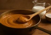 Doce de leite caseiro: aprenda uma receita tradicional que transforma ingredientes simples em puro sabor Em uma bancada de cozinha, vê-se uma panela aberta com doce de leite sendo mexido, exibindo uma textura cremosa e dourada. Ao lado, uma jarra de vidro transparente está cheia de leite fresco e uma tigela branca contém açúcar refinado, compondo um cenário acolhedor e artesanal. A iluminação suave realça o brilho do doce e transmite a sensação de uma receita feita com cuidado e tradição.