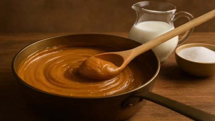 Em uma bancada de cozinha, vê-se uma panela aberta com doce de leite sendo mexido, exibindo uma textura cremosa e dourada. Ao lado, uma jarra de vidro transparente está cheia de leite fresco e uma tigela branca contém açúcar refinado, compondo um cenário acolhedor e artesanal. A iluminação suave realça o brilho do doce e transmite a sensação de uma receita feita com cuidado e tradição.
