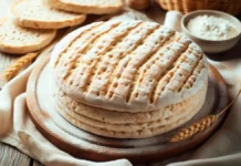 Quatro pães ázimos de formato circular e achatado estão dispostos sobre uma tábua de madeira redonda. A tábua repousa sobre um pano de tecido rústico, branco escuro, com dobras naturais que acrescentam textura à cena. A superfície onde tudo está apoiado é de madeira envelhecida, com veios e rachaduras visíveis, criando uma atmosfera artesanal e acolhedora. Os pães têm coloração dourada suave, com pequenas bolhas e marcas de forno, sugerindo crocância e simplicidade.