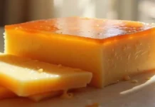 Pudim de pão Close na fatia de um pudim retangular de pão. Ele está sobre uma mesa iluminada pela luz de uma janela.