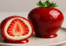 Morango do Amor: A Doce Febre que Conquistou o Brasil e Mudou até o Mercado de Frutas Dois morangos enrolados em brigadeiro branco e cobertos com caramelo de açúcar vermelho. Um dos doces está inteiro e o outro cortado ao meio, exibindo em camadas a fruta, a amada de brigadeiro branco e a cobertura. O fundo da imagem é branco e os doces estão sobre um prato branco.