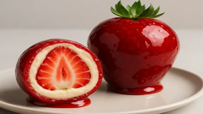 Dois morangos enrolados em brigadeiro branco e cobertos com caramelo de açúcar vermelho. Um dos doces está inteiro e o outro cortado ao meio, exibindo em camadas a fruta, a amada de brigadeiro branco e a cobertura. O fundo da imagem é branco e os doces estão sobre um prato branco.