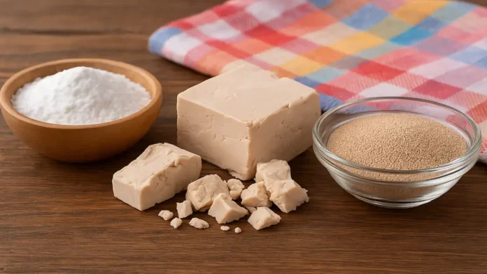 Uma mesa de madeira com três tipos de fermento: à esquerda, um potinho de madeira com fermento químico em pó branco; ao centro, blocos e pedaços quebrados de fermento biológico fresco em tom bege claro; e à direita, um pote de vidro transparente com fermento biológico seco em grânulos finos. Ao fundo, um pano de cozinha colorido em padrão xadrez.
