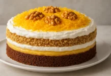 A história do Bolo Martha Rocha: da homenagem à lenda de Curitiba Foto de uma torta Marta Rocha em close, disposta em um prato branco sobre uma superfície clara. A torta é formada por quatro camadas: a base é um bolo marrom, seguido por um creme amarelo, depois uma camada de chantilly, e por cima um crumble dourado. A cobertura final é chantilly com fios finos de ovos moles (fios de ovos) e quatro metades de nozes decorando o topo. A imagem mostra textura e cores nítidas, evidenciando a riqueza e o detalhe das camadas da sobremesa.