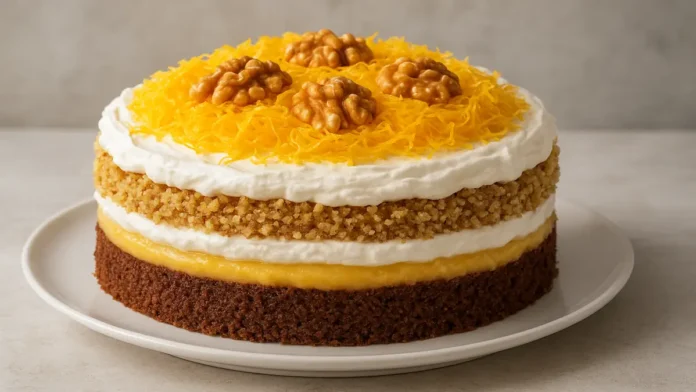 Foto de uma torta Marta Rocha em close, disposta em um prato branco sobre uma superfície clara. A torta é formada por quatro camadas: a base é um bolo marrom, seguido por um creme amarelo, depois uma camada de chantilly, e por cima um crumble dourado. A cobertura final é chantilly com fios finos de ovos moles (fios de ovos) e quatro metades de nozes decorando o topo. A imagem mostra textura e cores nítidas, evidenciando a riqueza e o detalhe das camadas da sobremesa.
